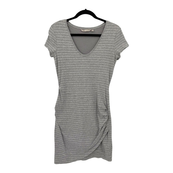 Athleta Women Sheath Dress Grey Central Stripe Ruched Cap Sleeve Sz Small 405490